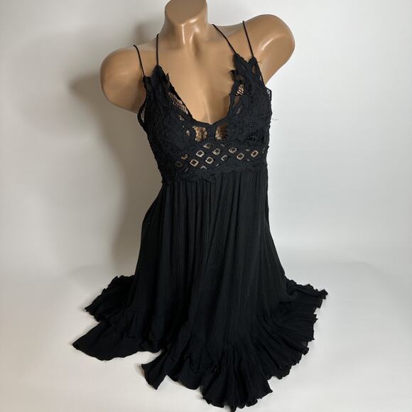 Free People Dresses & Skirts - FREE PEOPLE Adella Black Mini Slip Dress Boho Crochet Lace Strappy Small Witchy